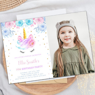 Photo rose Vert Floral Unicorne Invitations