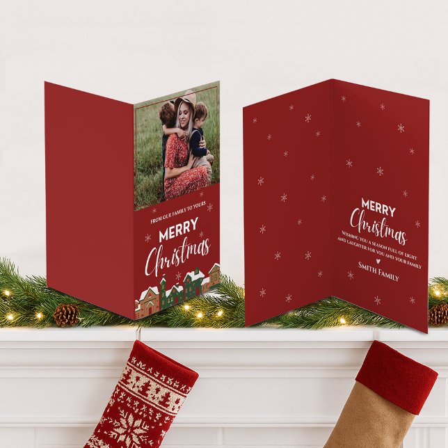 Photo Rouge traditionnelle Joyeux voeux de Noël (Traditional Red Photo Merry Christmas Greeting Card)
