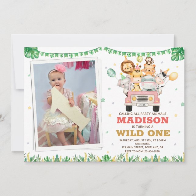 Photo Safari invitation anniversaire Wild one girl (Devant)
