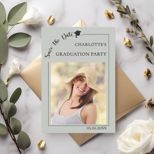 Photo sage green Graduation party Save the Date (Créateur téléchargé)