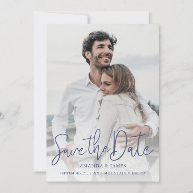 Photo Save the Date avec Elegant Blue Typography (Devant)