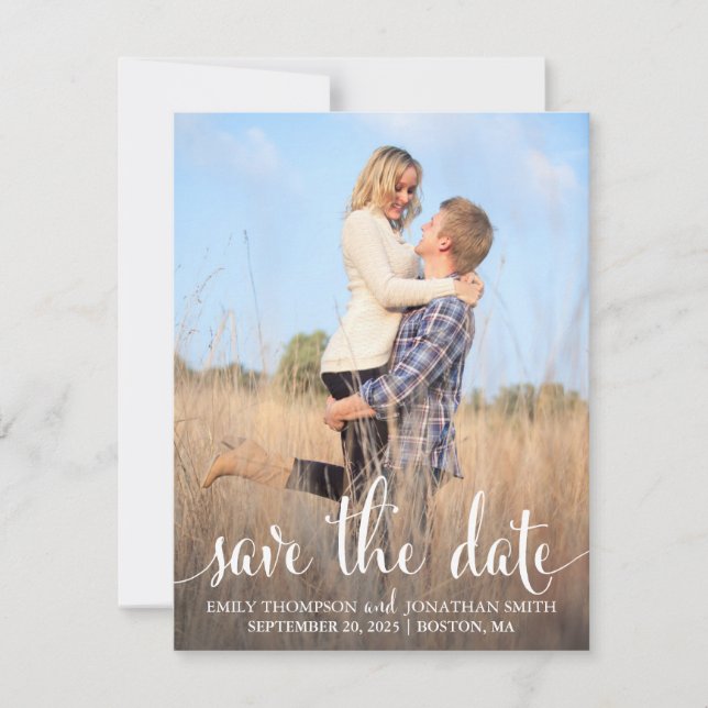 Photo Save the Date Cards, White Rustic Script (Devant)