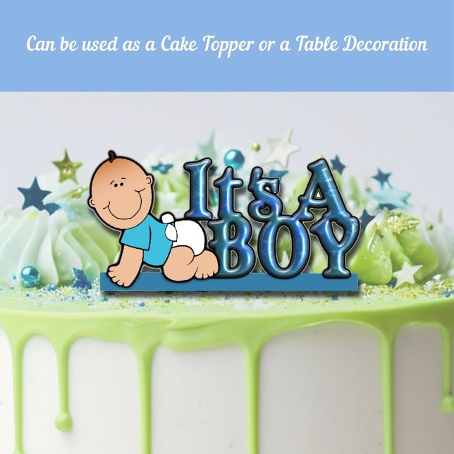 Photo Sculpture C'est un texte bleu garçon avec le baby Cake & Tab (Baby Boy Gender Reveal | Baby Shower Cake Topper | Table Decoration)