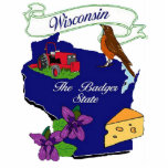 PHOTO SCULPTURE COULEURS WISCONSIN<br><div class="desc">État du Wisconsin symboles et icônes,  oiseau d'état,  agriculture,  fromage.fleur d'état,  l'état du blaireau sur une image arrière - plan d'état bleu</div>