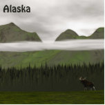 Photo Sculpture Emerald Alaska<br><div class="desc">Un tableau numérique "primitif" ou de style folklorique de conifères verts et de montagnes en Alaska par une journée très grise et nuageuse. Un orignal (Alces alces) au premier plan donne de l'échelle à la scène. Lecture de texte personnalisable, "Alaska" apparaît également.</div>