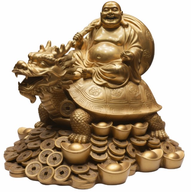 Photo Sculpture Laughing Buddha Riding Dragon Turtle Tortoise 2D (Devant)