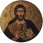 Photo Sculpture Mosaïque religieuse du Christ Pantocrator<br><div class="desc">Image orthodoxe d'icône du Christ Pantocrator dans la mosaïque. Pantocrator est grec pour He qui règne au-dessus entièrement de la toute-puissant. Un des noms de Dieu. Dans l'art orthodoxe, cette image de fresque de mosaïque dépeint le Christ en tant que Dieu et seigneur tous-puissants de l'univers. Dans la bible de...</div>