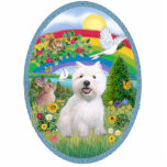 Photo Sculpture Rainbow Bright et West Highland Terrier<br><div class="desc">Un bel arc-en-ciel s'étend sur cette conception commémorative montrant un Terrier des Highlands de l'Ouest entouré de fleurs, assis au soleil avec une colombe vole au-dessus. Un écureuil est assis sur une branche fleurie, un lapin se trouve derrière un buisson et au loin, un voilier glisse à travers l'eau bleue...</div>