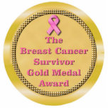 Photo Sculpture Récompense de médaille d'or de survivant de cancer<br><div class="desc">Une médaille d'or est un symbole le plus grand succès réalisable. C'est une représentation physique du gain. Un survivant de cancer du sein a gagné la récompense la plus précieuse de toute la "VIE." Texte médaillon-rose d'or.</div>