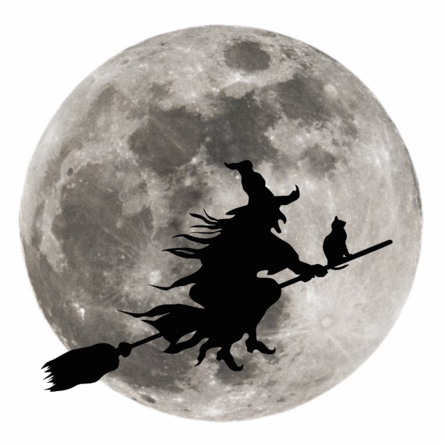 Photo Sculpture Sorcière volante avec une lune brillante derrière  (Devant)