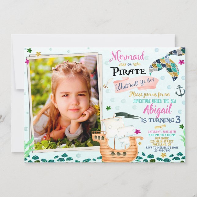 Photo Sirène et Pirate invitation d'anniversaire (Devant)