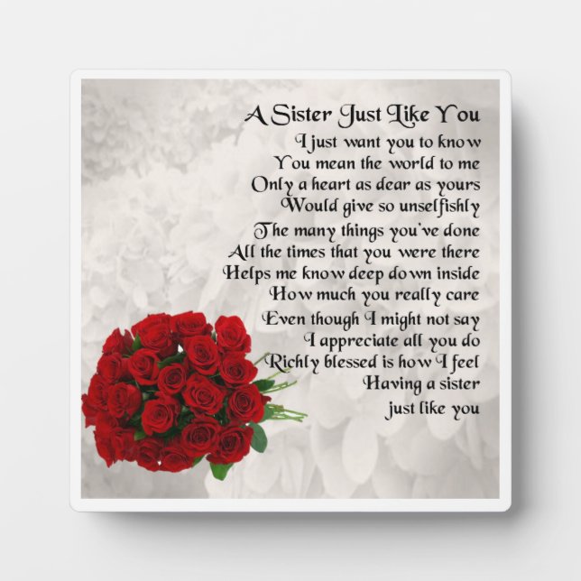 Photo Sister Poem Plaque -  Red  Roses  Design (Devant)