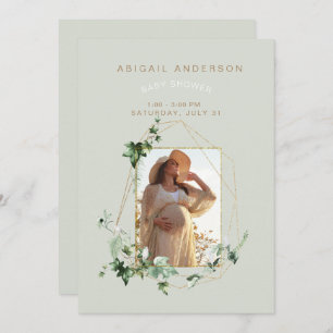 Photo Soft Mint Foliage Baby shower Invitation
