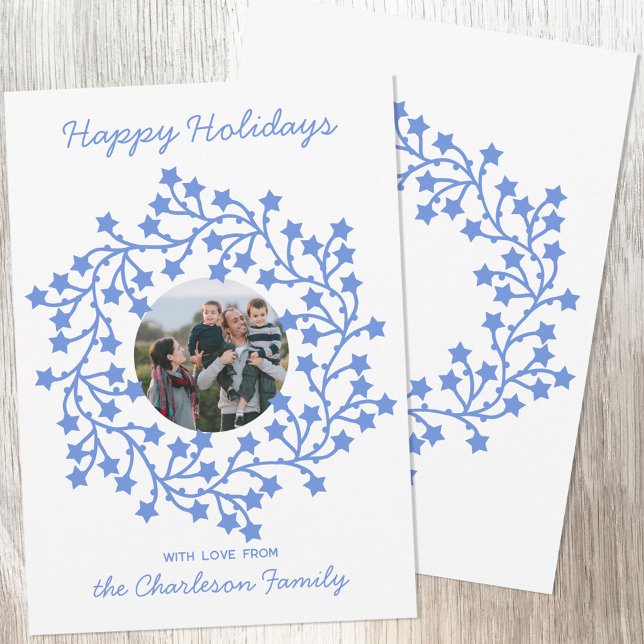 Photo Star Wreath Carte de vacances scandinave (Scandinavian star wreath garland personalized photo Christmas or holiday card)