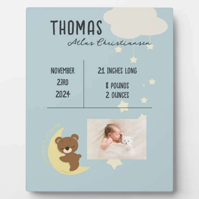Photo Statistiques de naissance Bébé Ours Douche Plaque  (Devant)