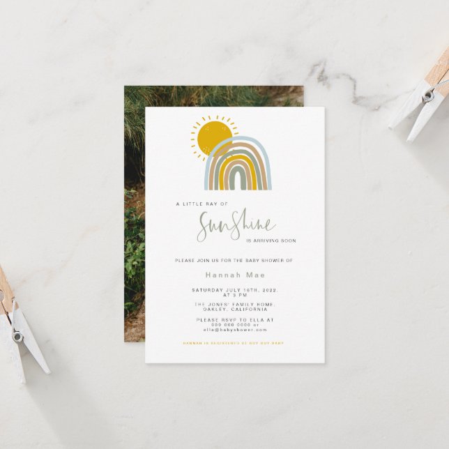 Photo Sunshine Rainbow Baby shower Invitation (Devant/Arrière en situation)