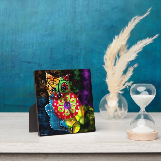 Photo Tabletop Plaque Whimsical Abstrait Owl Folk Art (Insitu)