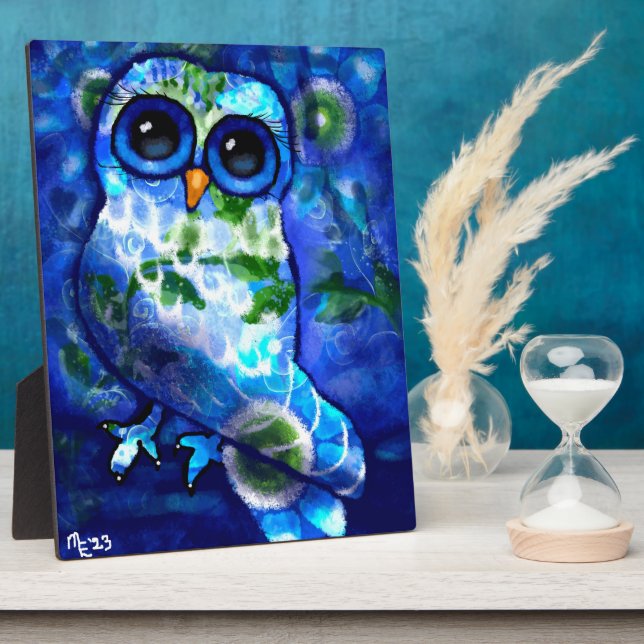 Photo Tablette Plaque Whimsical Chouette Abstraite Bleu  (Côté)