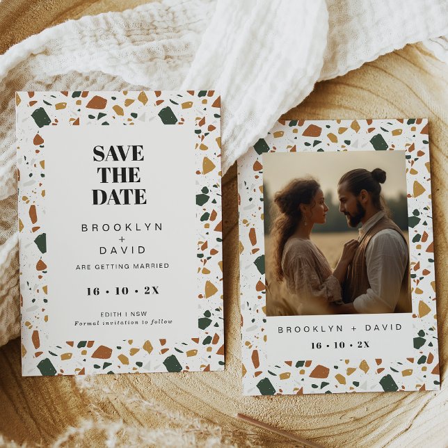 Photo Terrazzo Moderne Enregistrer La Carte Date (Terrazzo wedding save the date card with terracotta flecks and the couple photo on the back.)