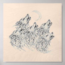 Dessin à l'encre noire Croissant de Lune Loups Hur