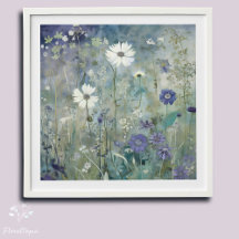 Joli bleu et blanc Fleur sauvage aquarelle Mur Art