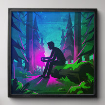 Joueur de jeu vidéo Synthwave en silhouette en for