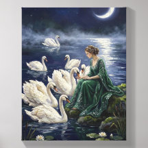 Celtic Swans Moonlit Lake Night Fantasy Art