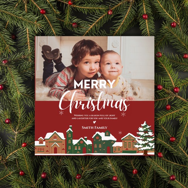 Photo traditionnelle de Noël Rouge personnalisée (Traditional Red Christmas Custom Holiday Photo Cards)