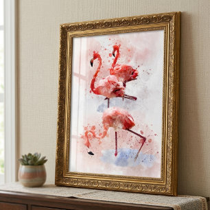 Photo Trois flamants roses en impression d'art à l'aquar