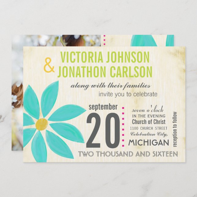 Photo Turquoise Daisy Wedding Invitations (Devant / Derrière)