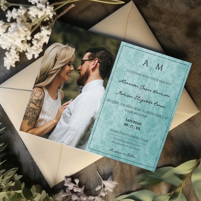 Photo Turquoise Damask Monogramme Faire-part de ma (Teal Photo Damask Monogram Wedding Invitation)
