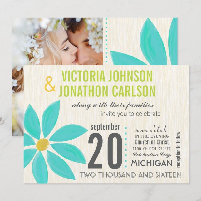 Photo Turquoise Stylisé Daisy Wedding Invitations (Devant / Derrière)