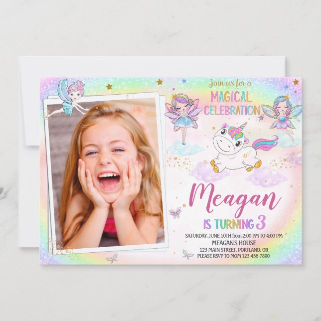 Photo Unicorn anniversaire invitation Fairy invita (Devant)