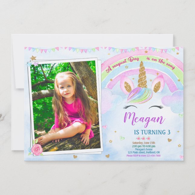 Photo Unicorn invitation anniversaire Fête magique (Devant)