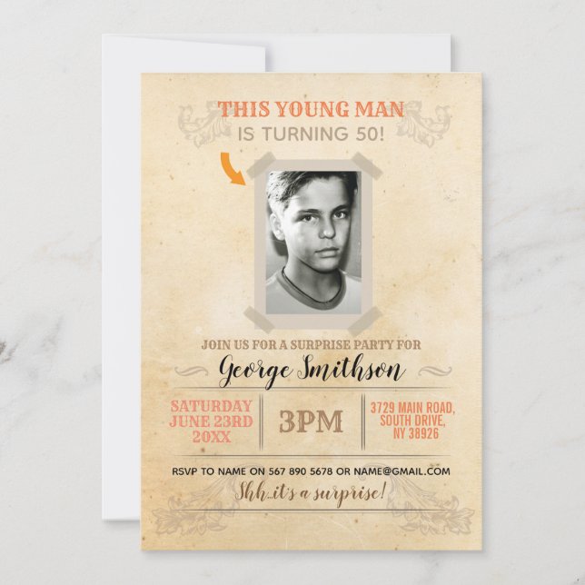 Photo vintage Style Anniversaire Invitations surpr (Devant)