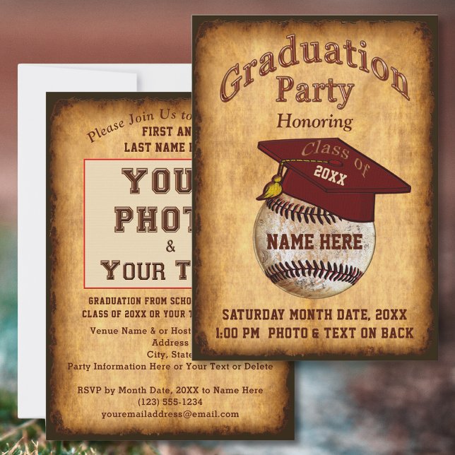Photo, Votre Texte Invitation de Remise de Diplôme (Baseball Graduation Invitations. Baseball themed graduation. Baseball theme graduation party. Old.)
