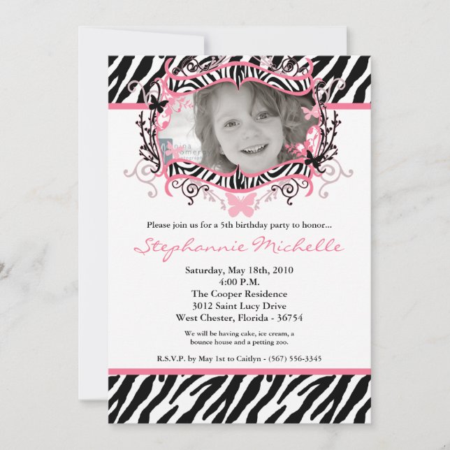 Photo ZebraPrint de Papillon 5x7 Invitation d'anni (Devant)