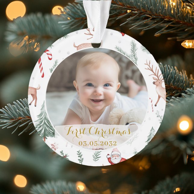 PhotoFirst Christmas Script Motif classique (First Christmas Script Classic Rustic Reindeer & Santa Pattern. Cute Baby's First Christmas holiday )