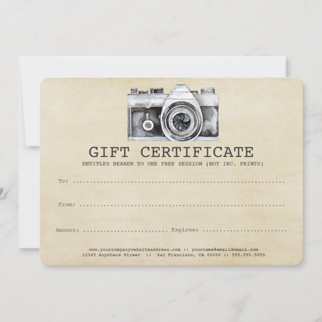 Photographe professionnel Camera Certificat cadeau (Devant)