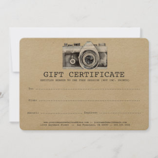 Photographe professionnel Camera Certificat cadeau