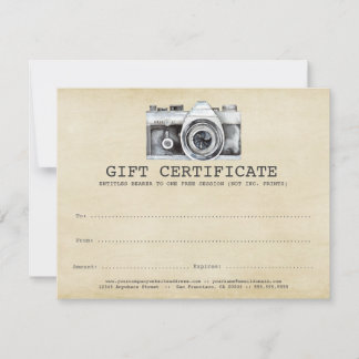 Photographe professionnel Camera Certificat cadeau