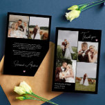 Photographies de Mariage de coeur rose noir Merci<br><div class="desc">Carte de remerciements mariage noir avec un collage de quatre photos propre et merci dans un script signature soigné sur un côté avec un coeur rose mignon. De l'autre côté, deux autres photos et un message de remerciement imprimé et vos noms. Carte photo romantique de Merci Mariage avec Arrière -...</div>