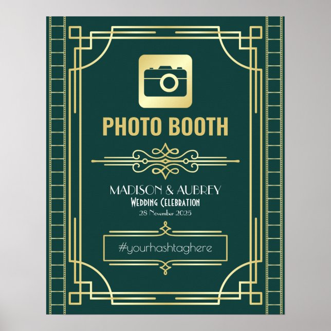Photomaton de mariage Art déco enseigne dorée vert (Devant)