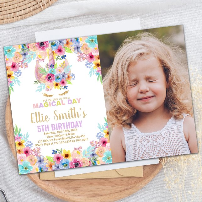 Photos de couleurs florales Unicorn Invitations d' (Floral Colors Photo Unicorn Birthday Invitations)