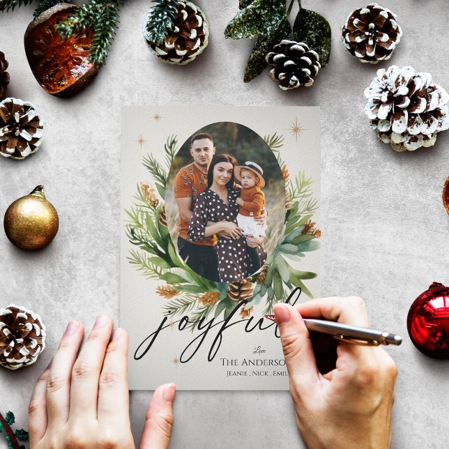 Photos de famille Feuilles verts Joyeux Noël (Multi Family Photos Green Leaves Joyful Christmas Greeting Card)