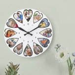 Photos en forme de coeur Blanc rond grande horloge<br><div class="desc">Créez votre propre horloge multiphoto. Le modèle photo est configuré pour ajouter 12 photos qui sont affichées dans un cadre en forme de coeur. La conception utilise des photos verticales de portrait pour tous les numéros sauf 3 et 9 qui sont en format horizontal paysage. La palette de couleurs est...</div>