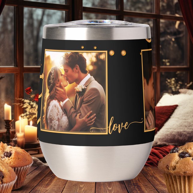 Photos personnalisées Mariage d'or noir Paruline i (Insulated tumbler featuring your wedding photos framed by a festive black and gold design)
