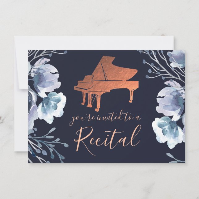piano bleu aquarelle fleurs invitation (Devant)