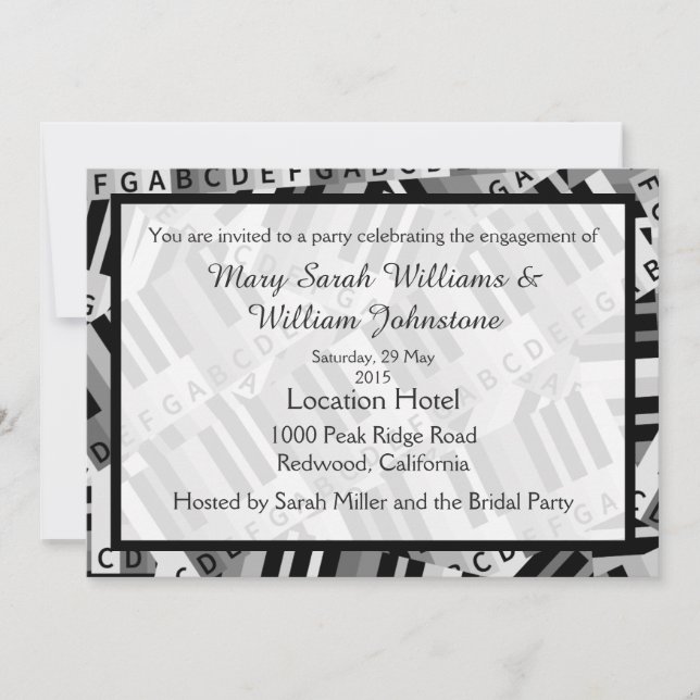 Piano Engagement Party Invitation noire et blanche (Devant)