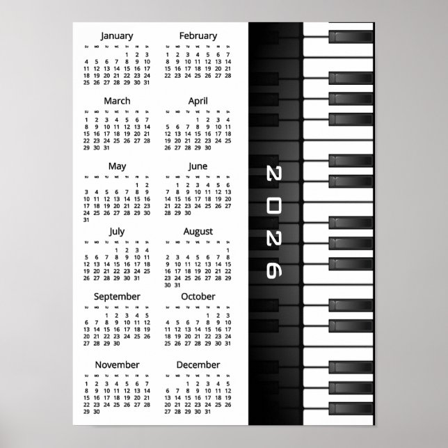 Piano Keyboard Design 2026 Wall Calendar Poster (Devant)